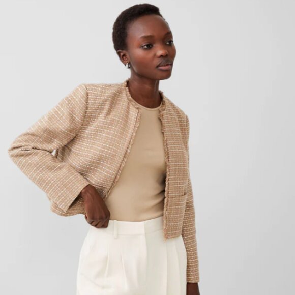 French Connection Effie Boucle Collarless Blazer Jacket in Cream and Camel - Picture 1 of 8